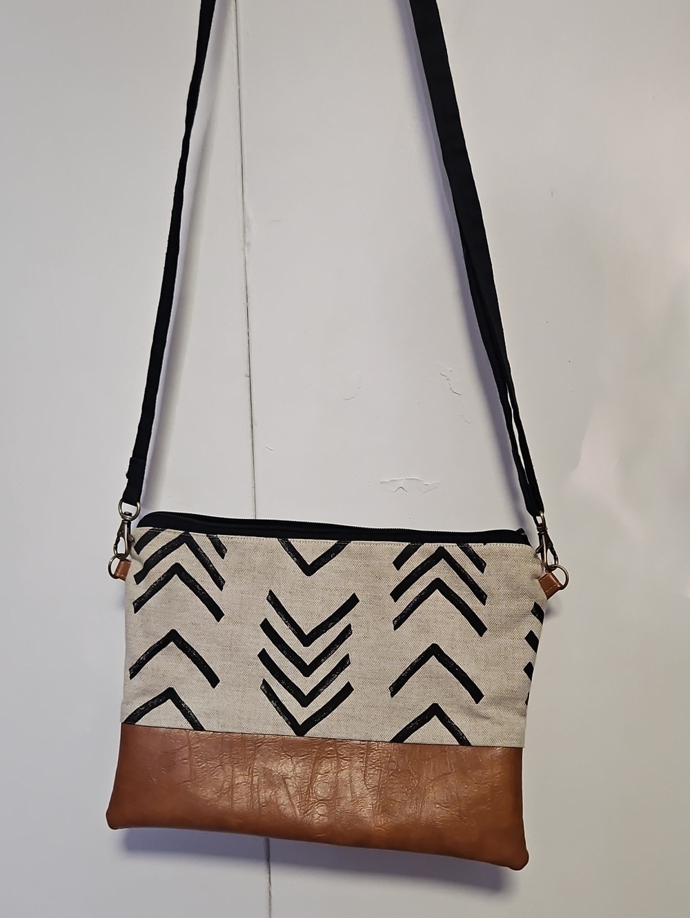Mud Cloth style Canvas and Faux Leather Crossbody Bag in Black & Brown